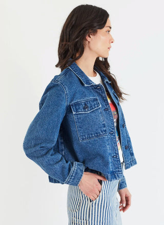 Porter Blue Cottage Shacket with button front and relaxed boxy fit in indigo denim