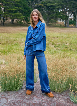 Porter Blue Cottage indigo denim shacket with laser-printed quilt star design on the back