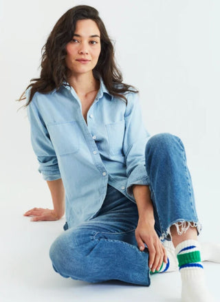 Porter Blue Classic Denim Shirt, relaxed-fit light-wash chambray-style top - August Boutique