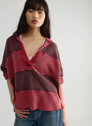 Free People Rainn Thermal in pink, oversized cotton waffle-knit top with collared V-neck - August Boutique