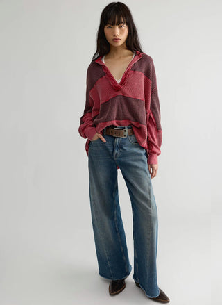 Women's pink waffle knit thermal top with rugby collar by Free People