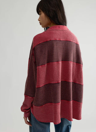 Free People Rainn Thermal, relaxed pink long sleeve cotton waffle top - August Boutique