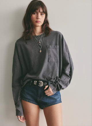Free People Epic LS Pocket Tee in washed black, oversized cotton long sleeve tee - August Boutique
