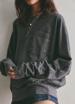 Free People Epic long sleeve tee, relaxed washed black cotton top with chest pocket - August Boutique