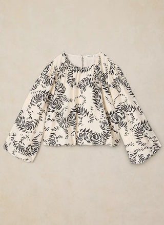 White Stuff Lyra Bubble Hem Blouse in Ivory tiger print, women's long sleeve crew neck top - August Boutique