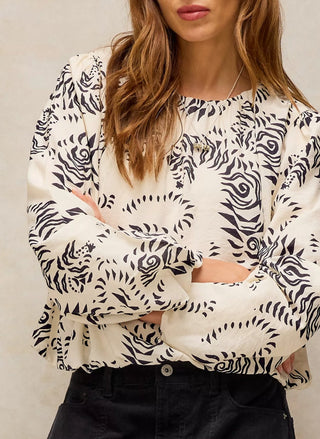 Women's ivory tiger print blouse by White Stuff with a soft gathered bubble hem
