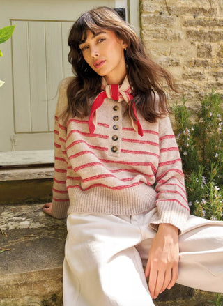 White Stuff Stripe Henley Sweater in natural multi stripe, women's long sleeve knit pullover with button Henley neckline - August Boutique