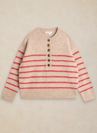 White Stuff natural multi stripe knit jumper, cozy long sleeve Henley sweater for fall and winter layering - August Boutique