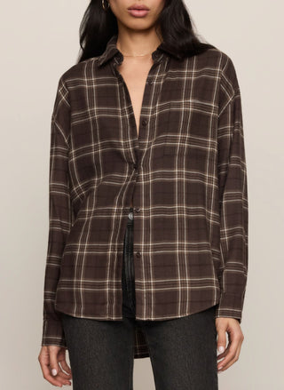 Z Supply River Plaid Button Up in Dark Roast, women's brown plaid long sleeve flannel shirt - August Boutique