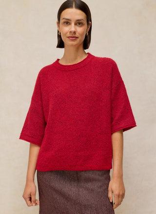 White Stuff Kate knitted tee in bright red, lightweight crew neck sweater for fall layering