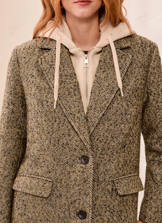 TRIBAL removable hood car coat in saddle brown herringbone wool blend - August Boutique