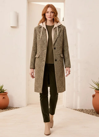 TRIBAL herringbone car coat in saddle brown with removable hood, women's wool blend coat - August Boutique