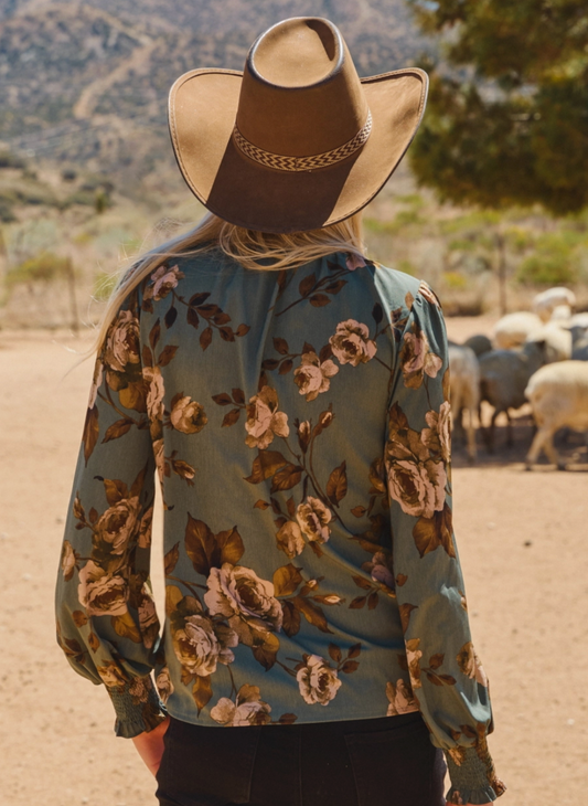 Southern Floral Smocked Neck Blouse