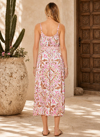 Back view of the Current Air Medallion Midi Dress showing the thin cami straps, scooped back neckline, and the continuous patterned pleated tiers.