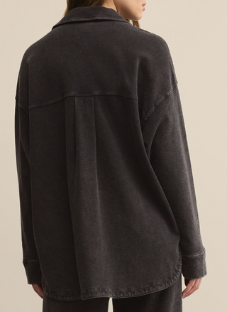 Back view of Z Supply All Day Knit Jacket in washed black, oversized relaxed fit with drop shoulders and curved hemline.