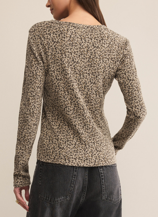 Back view of the Z Supply Arlet Leopard Print Thermal Top in black and tan, fitted long sleeve crew neck with soft brushed thermal knit.