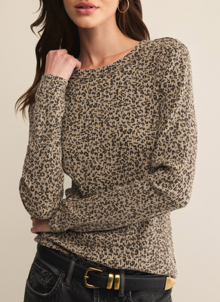 Z Supply Arlet Leopard Print Thermal Top in black and tan, fitted long sleeve crew neck with soft brushed thermal knit.