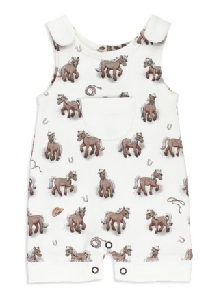 White romper with brown horse print on a white background