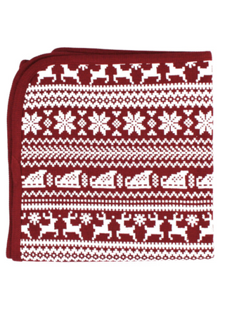 Folded L’ovedbaby organic Fair Isle blanket in red and white holiday knit pattern