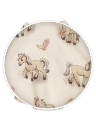 Round fabric swatch with horse pattern on a white background