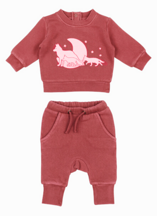 L’ovedbaby Organic Cotton Jogger Set in cherry red, featuring fox graphic sweatshirt with moon and stars and matching jogger pants