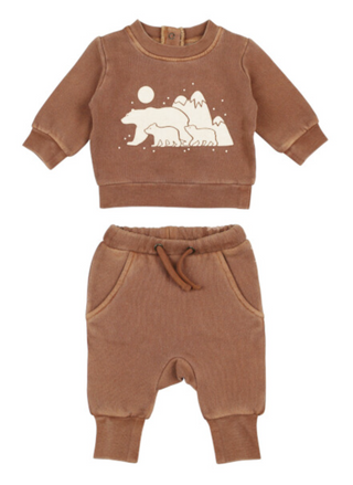 L’ovedbaby Organic Cotton Jogger Set in brown, featuring bear family graphic sweatshirt with mountain detail and matching jogger pants.