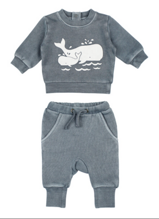 L’ovedbaby Organic Cotton Jogger Set in dusty blue, featuring whale and baby whale graphic sweatshirt with waves and matching jogger pants