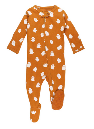 Front view of L’ovedbaby Ghosts Organic Onesie in burnt orange with white ghost print
