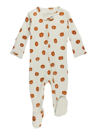 Baby onesie with jack-o-lantern print in organic cotton, full front view.