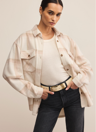 Front view of Z Supply Hiker Two Toned Fleece Jacket in beige plaid with chest pockets.