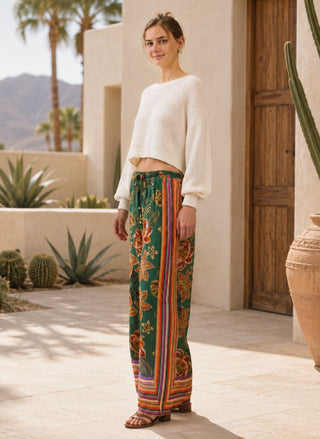 Magnetic Border Print Floral Wide Leg Pants