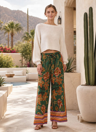 Magnetic Border Print Floral Wide Leg Pants