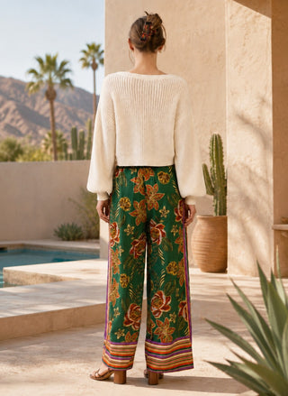 Magnetic Border Print Floral Wide Leg Pants