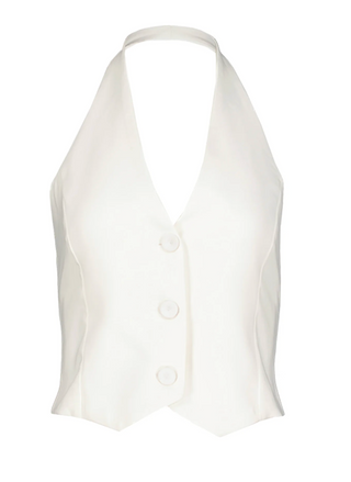 Product Flat Lay: White halter-style vest with deep V-neck, three front buttons, tailored fit, and slight peplum hem, displayed on a white background.