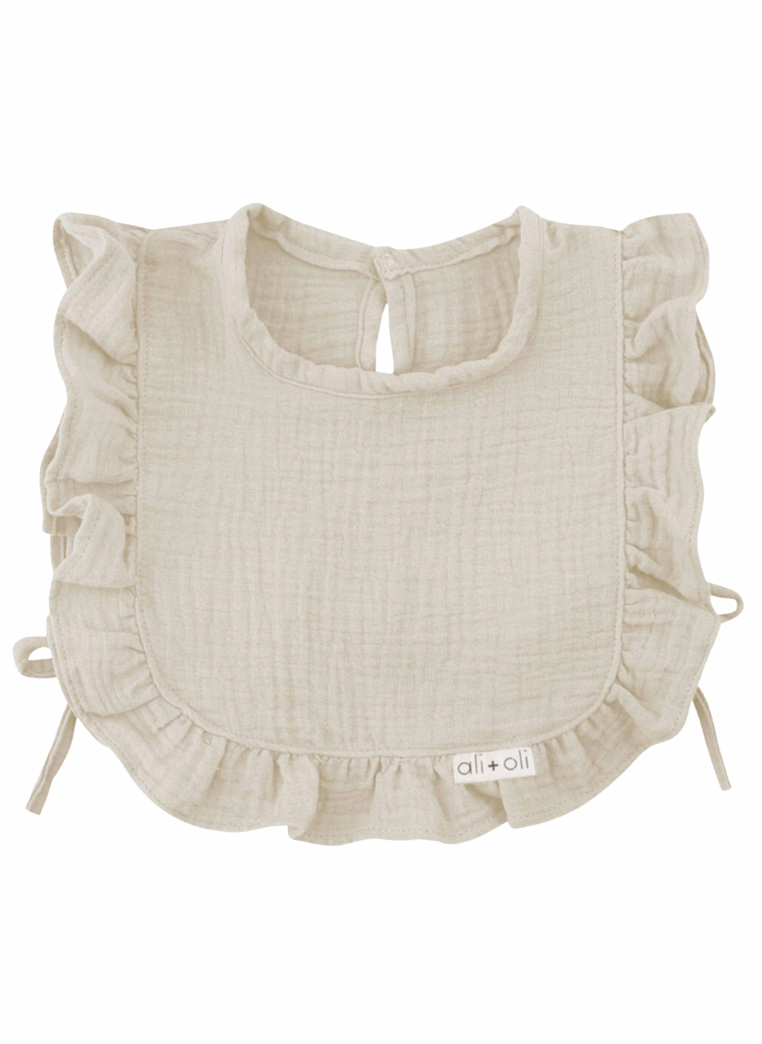 Beige baby bib with ruffled details on a white background