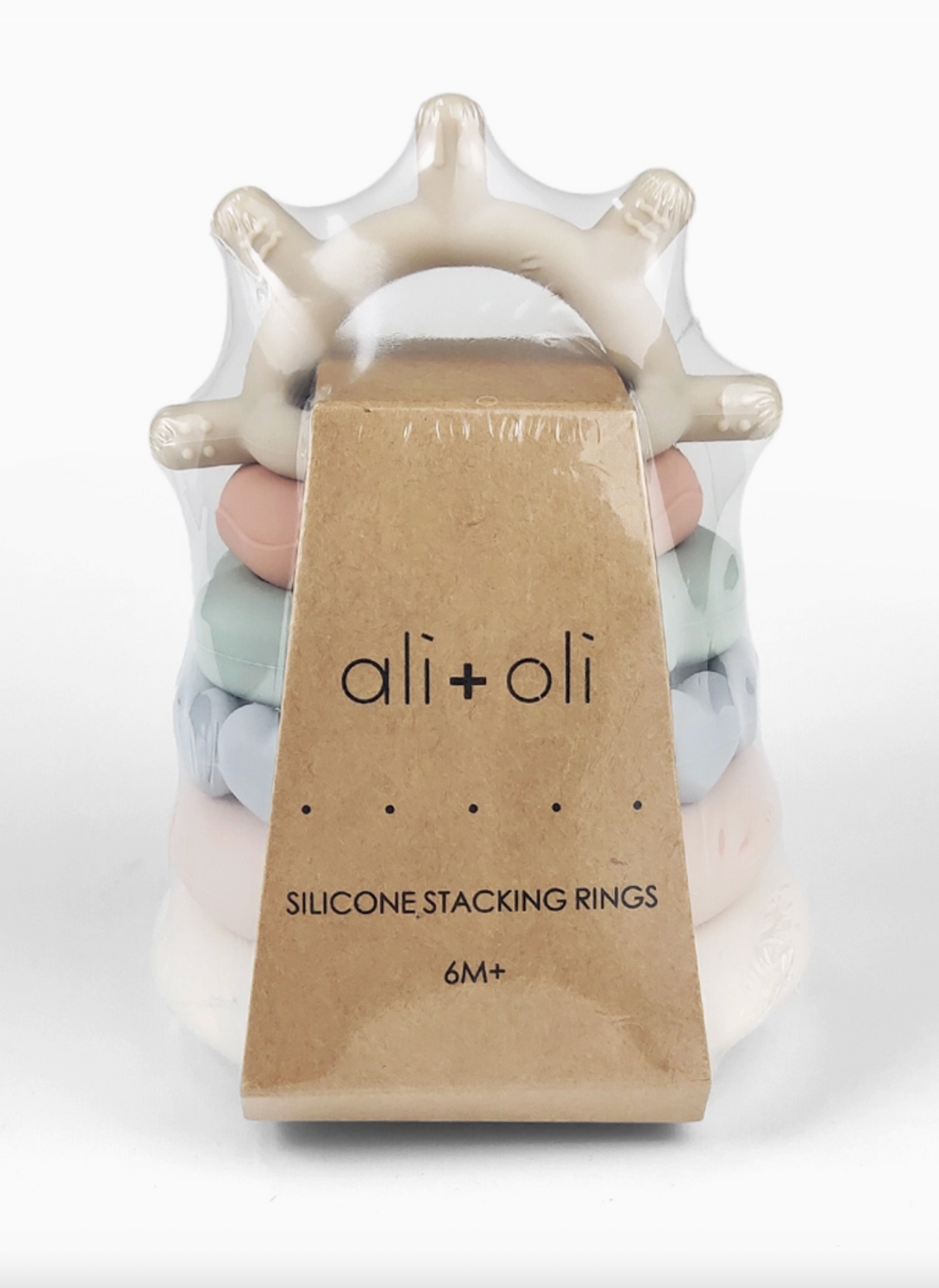 Silicone stacking rings with 'ali+oli' packaging on a white background