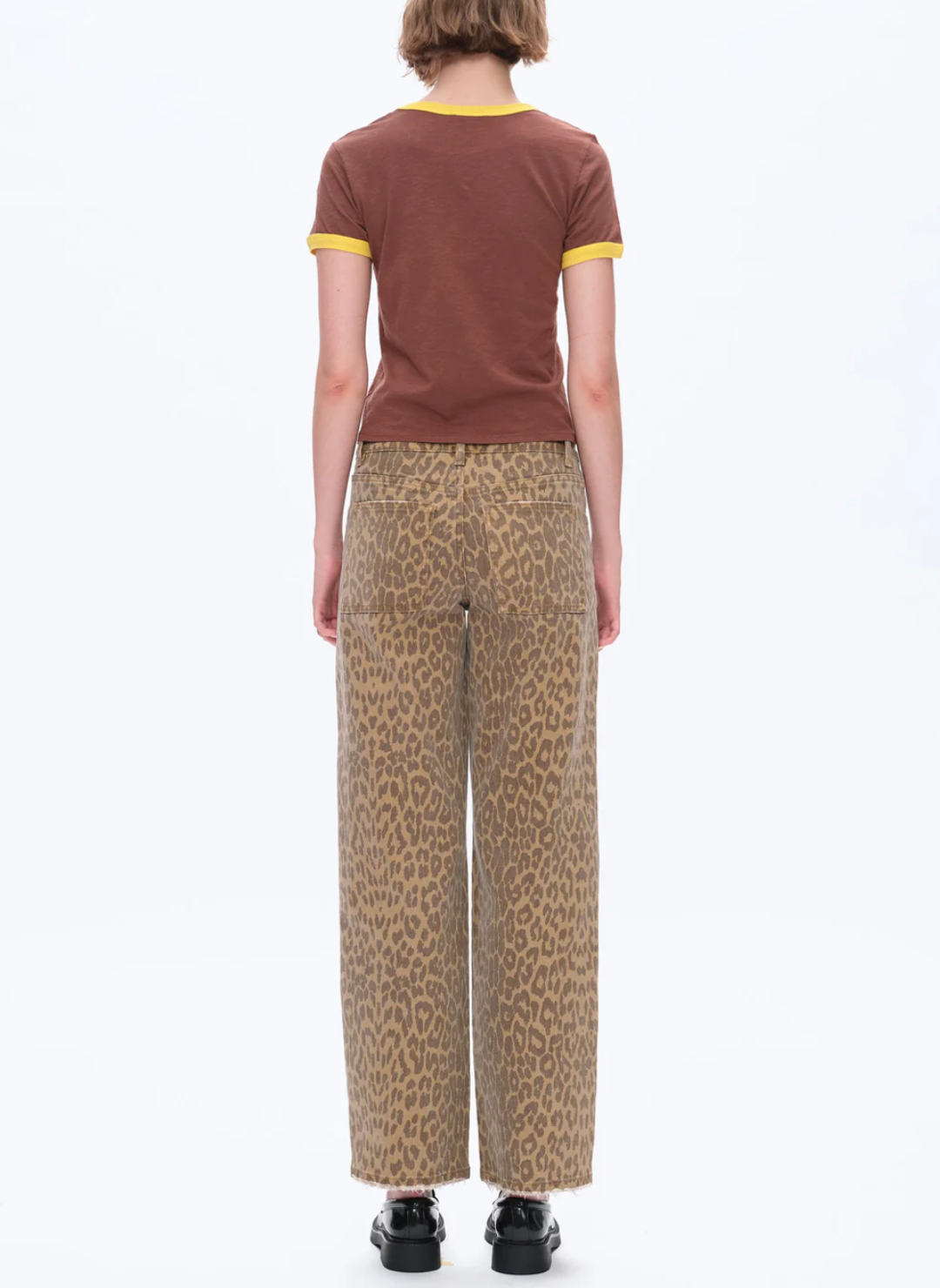 Back view of Mid Rise Leopard Straight jeans showing patch pockets and allover neutral leopard print