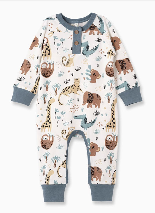 Children's onesie with animal pattern on a white background