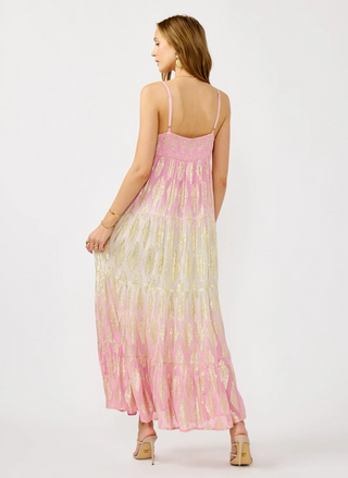 Front and back view of the Shayla Spaghetti Strap Ombre Dress available at August Boutique Ripon, featuring blush pink and cream tones with gold foil print, tiered maxi length, and adjustable straps