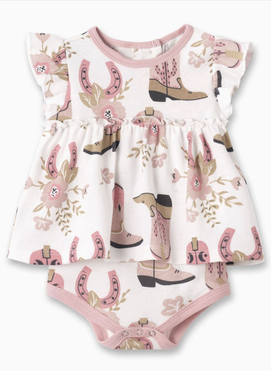 Baby dress and bloomers set with cowboy boot and horseshoe pattern on a white background