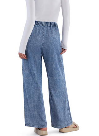 Hint of Blu Tencel Trouser – soft light blue wide-leg pants with elastic waistband, mid-rise fit, and breathable Tencel fabric, available at August Boutique Ripon.