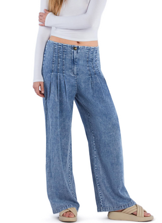 Hint of Blu Tencel Trouser – soft light blue wide-leg pants with elastic waistband, mid-rise fit, and breathable Tencel fabric, available at August Boutique Ripon.