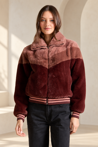 Saltwater Luxe Kaira jacket in Garnet, lightweight faux fur statement outerwear for fall