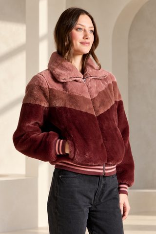 Saltwater Luxe Kaira Faux Fur Sporty Jacket in Garnet, deep red western-inspired women's jacket - August Boutique