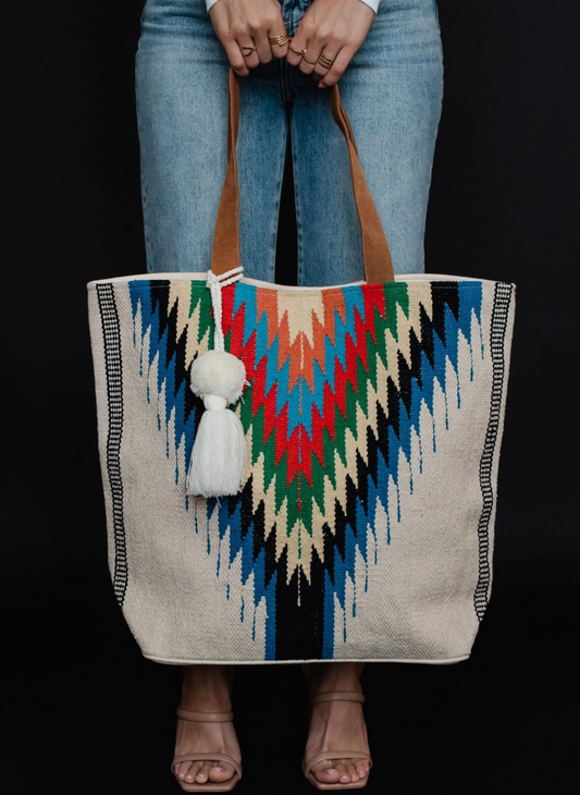 Front view of Colorful Southwest Tote. Black background.