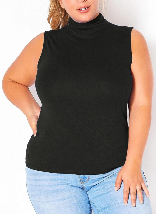 Front view of model wearing black PLUS - Sleek Sleeveless Tank paired with denim pants. Model has one hand on hip and one by her side. White background. 