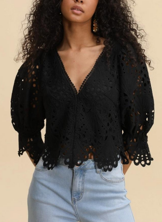 Full front view of lace stylish puffy blouse with a v neck line and quarter sleeves.