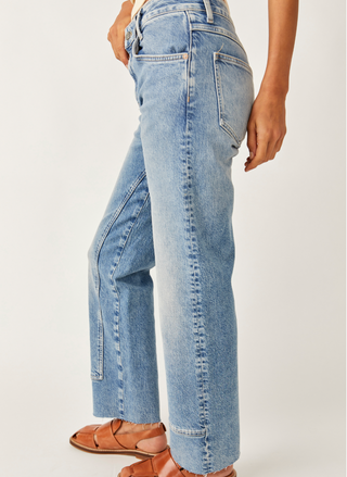 Side view of Free People We the Free Risk Taker Straight Jeans in light wash denim