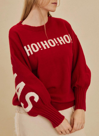 Image shows the red Christmas sweater, with the words “Ho! Ho! Ho!” Across the front. 