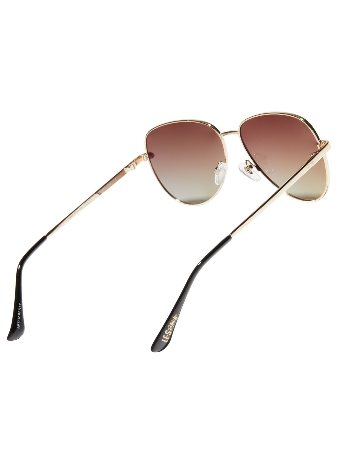 Side view of brown gradient sunglasses. White background.